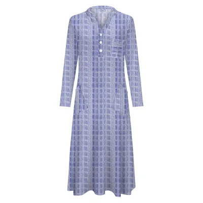 Women Casual V-Neck Leopard Polka Dot Plaid Print Loose Midi Dress