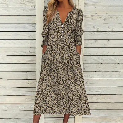 Women Casual V-Neck Leopard Polka Dot Plaid Print Loose Midi Dress
