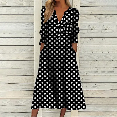Women Casual V-Neck Leopard Polka Dot Plaid Print Loose Midi Dress