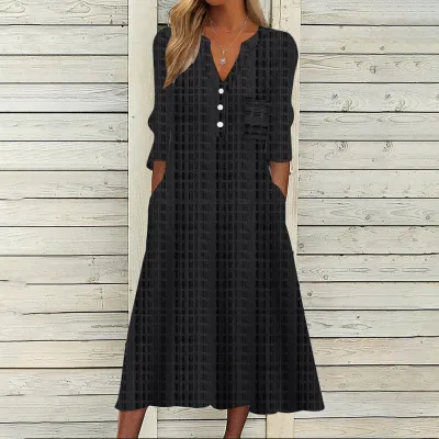 Women Casual V-Neck Leopard Polka Dot Plaid Print Loose Midi Dress