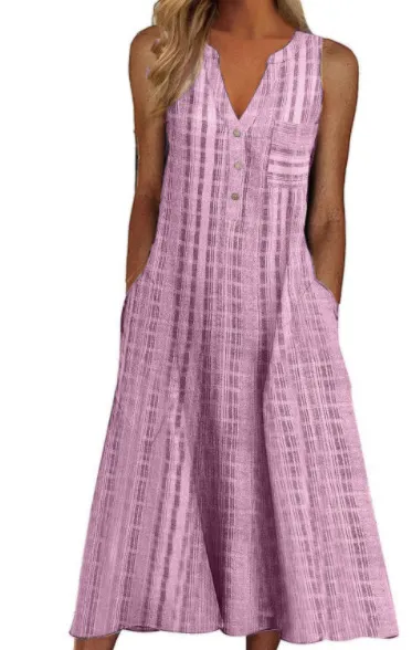 Women Casual V-Neck Leopard Polka Dot Plaid Print Loose Midi Dress