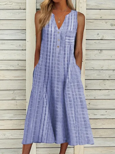 Women Casual V-Neck Leopard Polka Dot Plaid Print Loose Midi Dress
