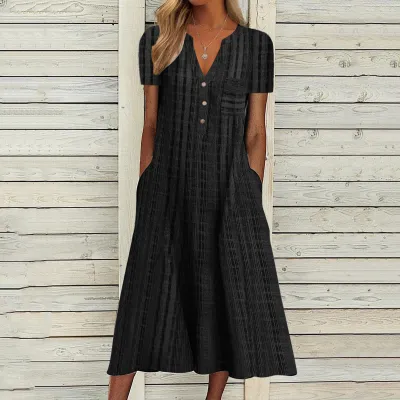 Women Casual V-Neck Leopard Polka Dot Plaid Print Loose Midi Dress
