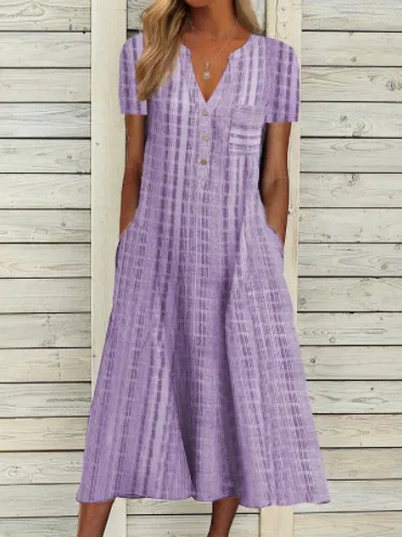 Women Casual V-Neck Leopard Polka Dot Plaid Print Loose Midi Dress