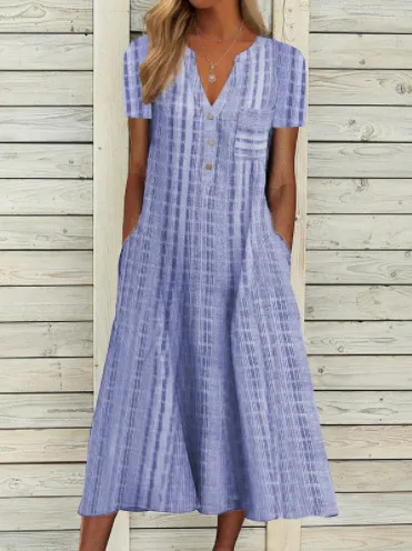 Women Casual V-Neck Leopard Polka Dot Plaid Print Loose Midi Dress
