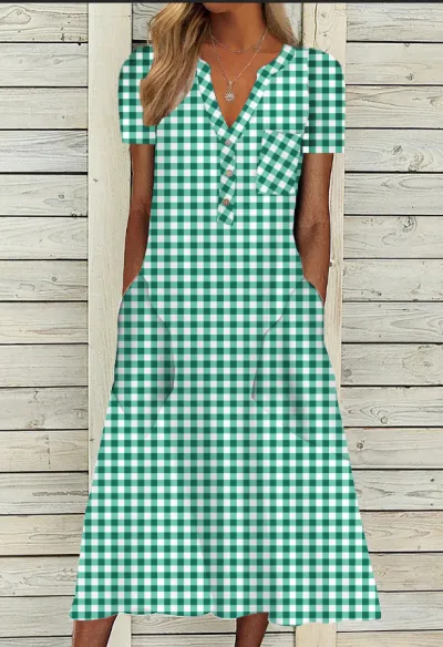 Women Casual V-Neck Leopard Polka Dot Plaid Print Loose Midi Dress
