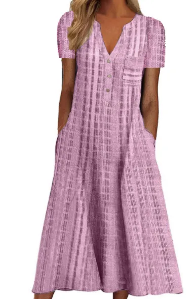 Women Casual V-Neck Leopard Polka Dot Plaid Print Loose Midi Dress