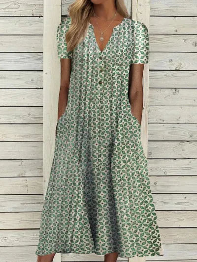 Women Casual V-Neck Leopard Polka Dot Plaid Print Loose Midi Dress