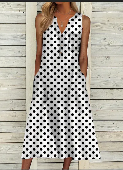 Women Casual V-Neck Leopard Polka Dot Plaid Print Loose Midi Dress