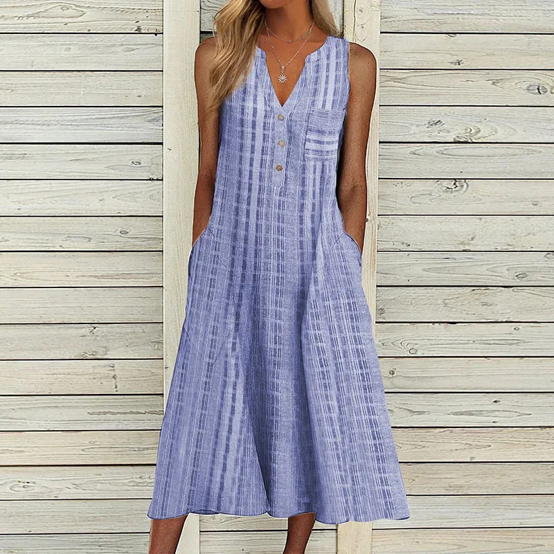 Women Casual V-Neck Leopard Polka Dot Plaid Print Loose Midi Dress