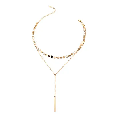 Women's Fashion Simple Double Layer Handmade Disc Metal Rod Pendant Necklace