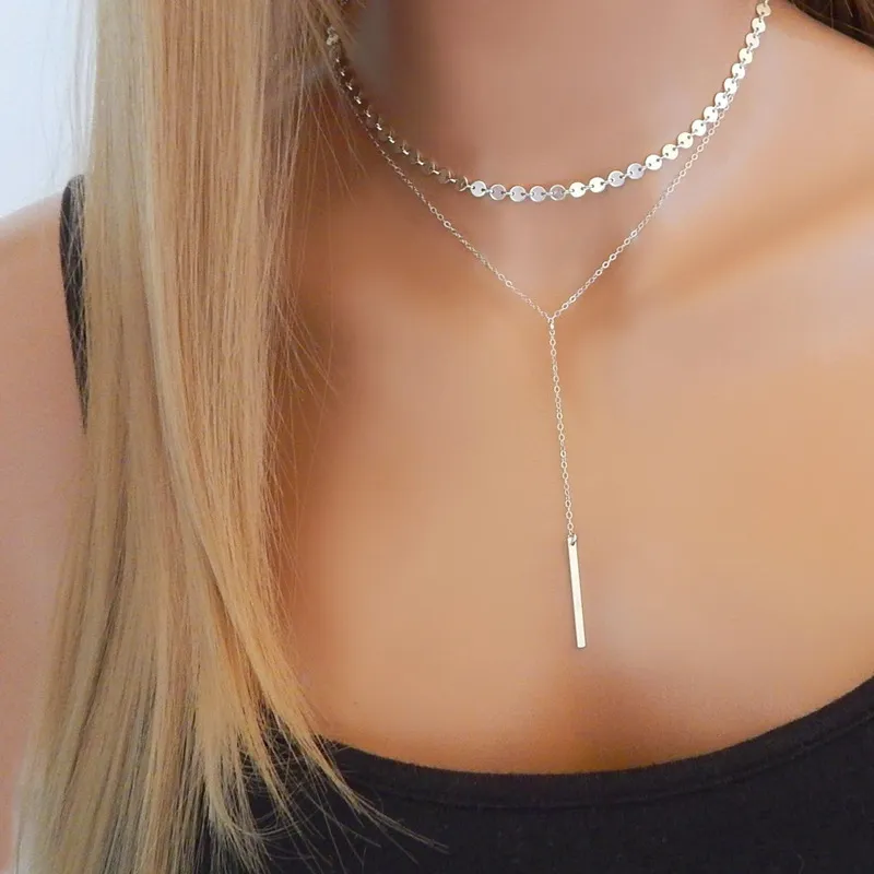 Women's Fashion Simple Double Layer Handmade Disc Metal Rod Pendant Necklace