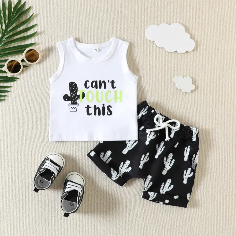 Toddlers Newborn Baby Boys Sleeveless Letter Cactus Print Vest And Shorts 2pcs Set Cotton Outfit