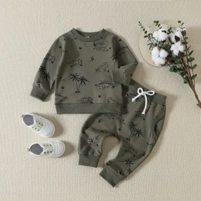 Toddlers Newborn Baby Boys Long Sleeve Cartoon Dinosaurs Print Top And Pants 2pcs Set Pullover Cotton