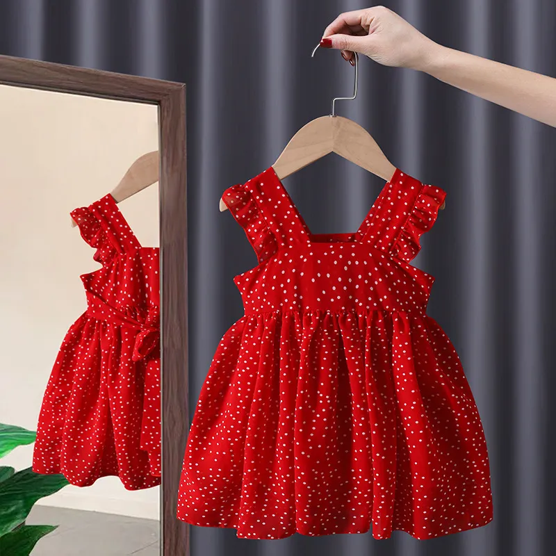 Kids Baby Girls Ruffle Sleeve Polka Dot Print Princess Dress with Suspenders