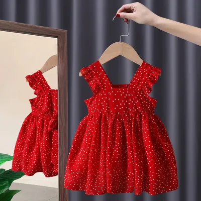 Kids Baby Girls Ruffle Sleeve Polka Dot Print Princess Dress with Suspenders