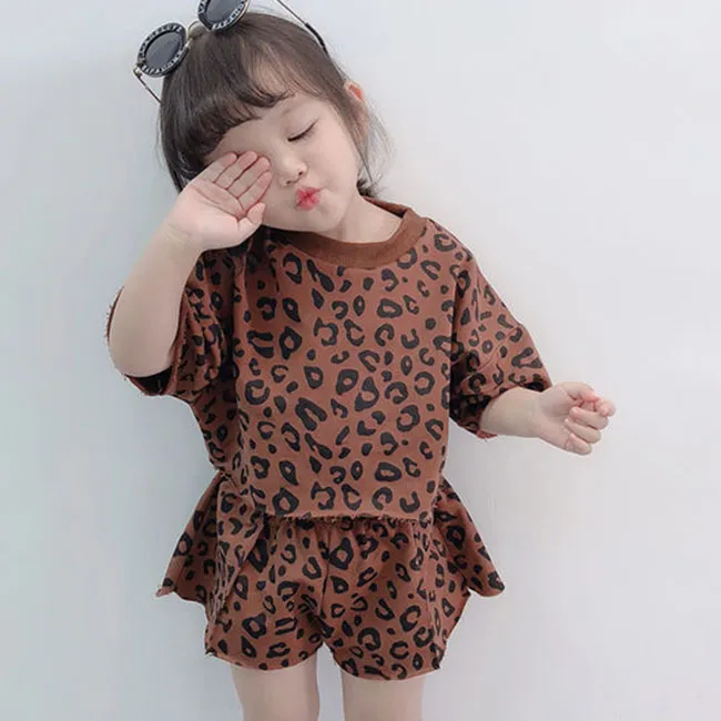 Children Kids Baby Fashion Girls Short Sleeve Leopard Print Top And Shorts 2pcs Set