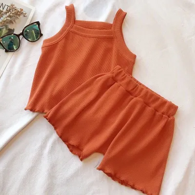 Children Kids Baby Fashion Girls Solid Color Suspenders Top And Shorts 2pcs Set