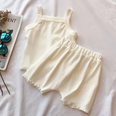 Children Kids Baby Fashion Girls Solid Color Suspenders Top And Shorts 2pcs Set