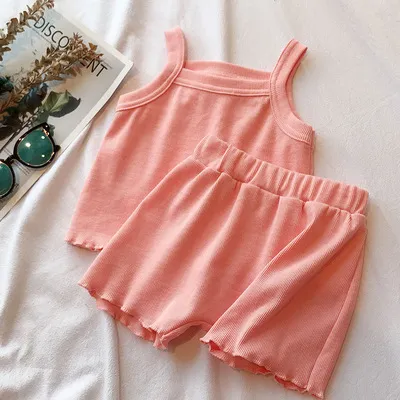 Children Kids Baby Fashion Girls Solid Color Suspenders Top And Shorts 2pcs Set