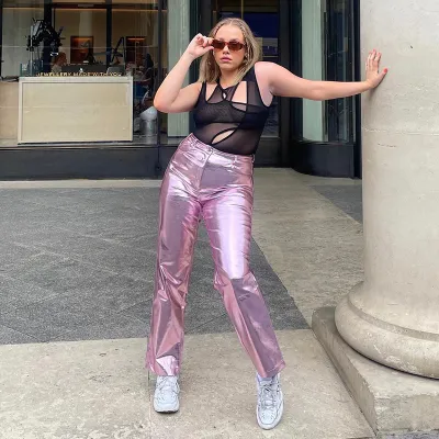 Women High Waist Candy Color PU Leather Skinny Pants