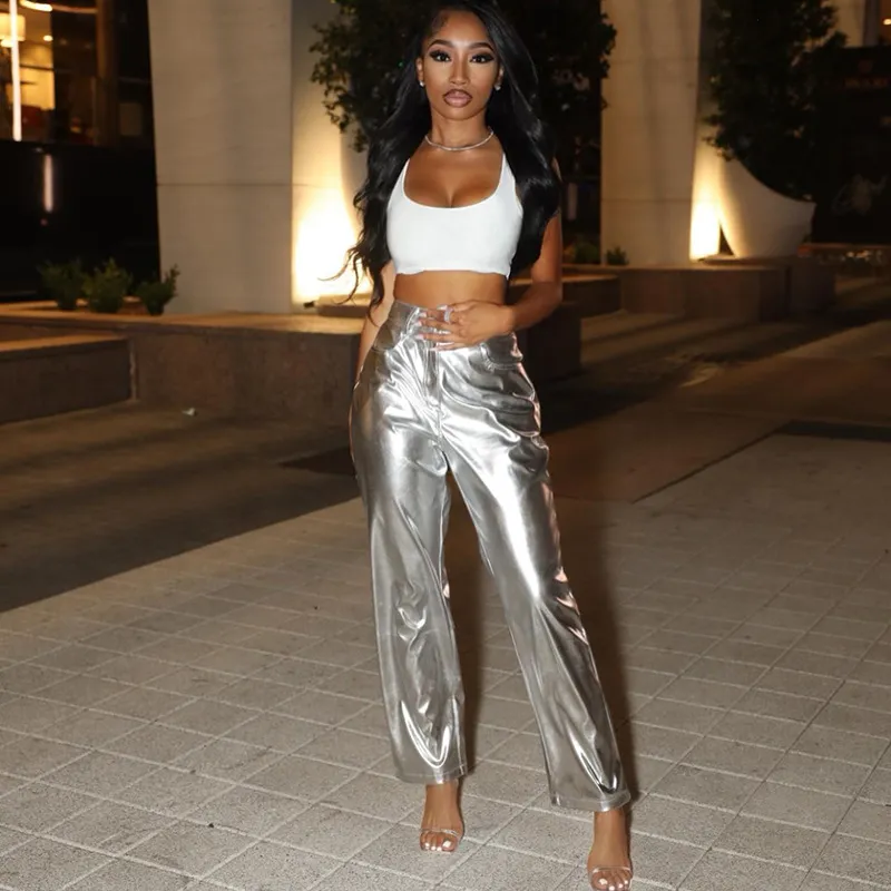 Women High Waist Candy Color PU Leather Skinny Pants