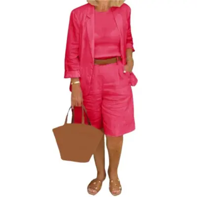 Women Plus Size Casual Solid Color Cardigan Top Shorts Two Piece Set