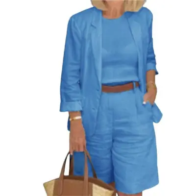 Women Plus Size Casual Solid Color Cardigan Top Shorts Two Piece Set