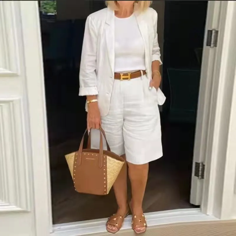 Women Plus Size Casual Solid Color Cardigan Top Shorts Two Piece Set