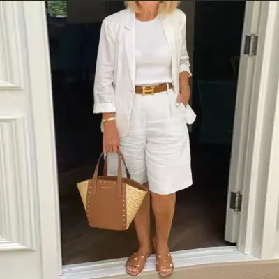 Women Plus Size Casual Solid Color Cardigan Top Shorts Two Piece Set