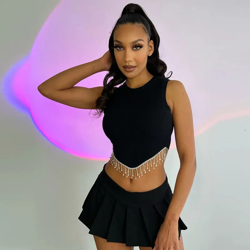 Women's Metal Chain Round Neck Crop Sleeveless Top
