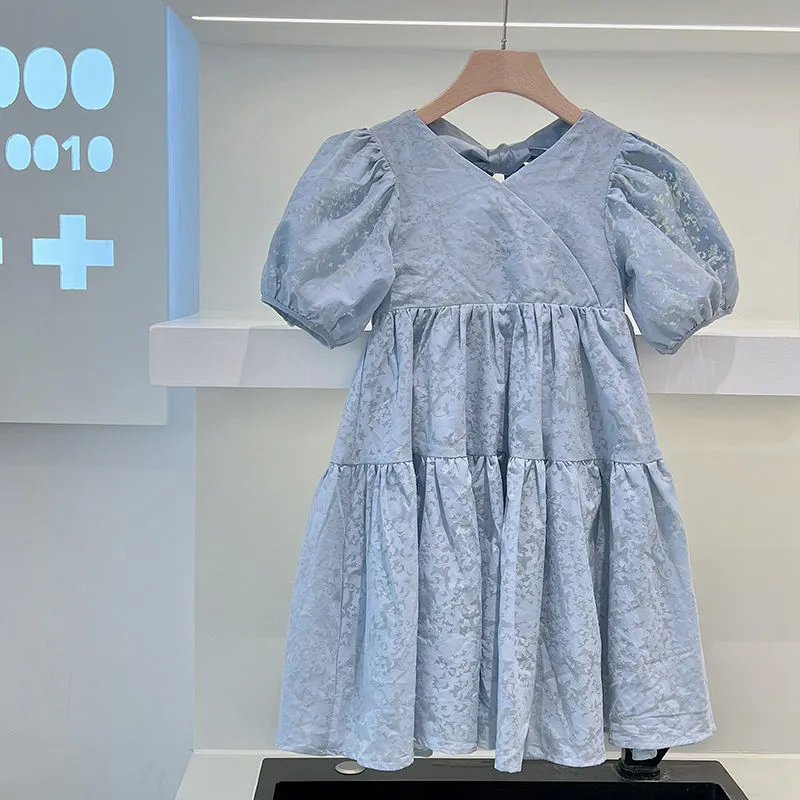 Children Kids Youth Girls Short Sleeve Solid Color Princess Dress