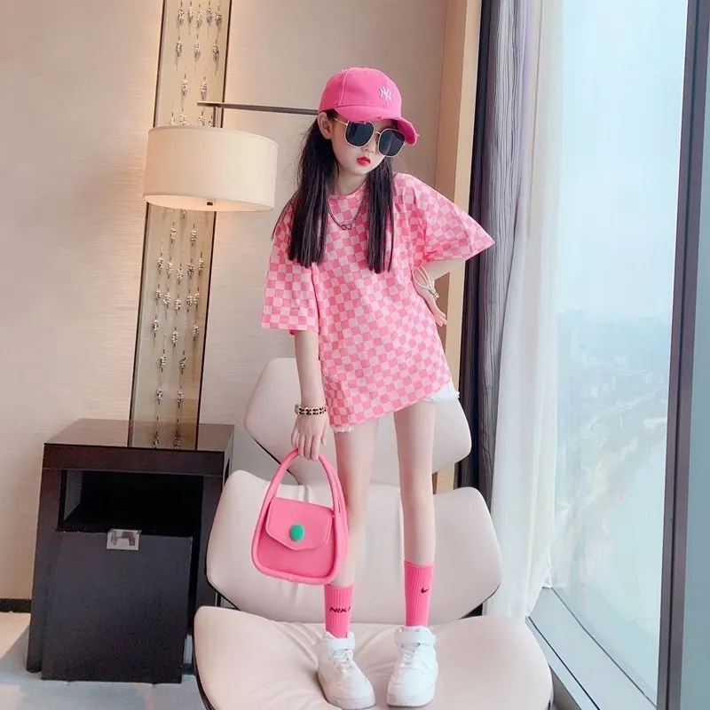 Girls Short Sleeve Plaid Print T-Shirt for Kids 3-14T