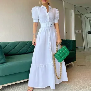 Women's Casual Solid Color Midi Dress With Belt And Puff Sleeves