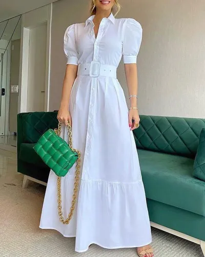 Women's Casual Solid Color Midi Dress With Belt And Puff Sleeves