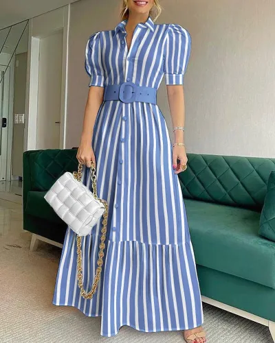 Women's Casual Solid Color Midi Dress With Belt And Puff Sleeves