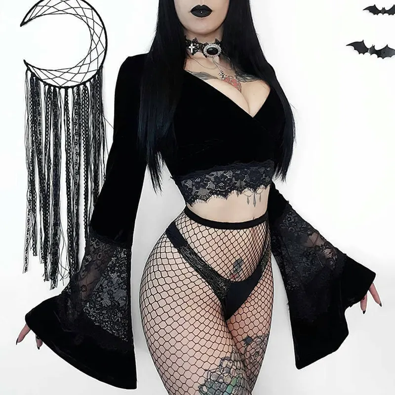 Women Summer Sexy V-Neck Lace Stitching Trumpet Sleeve Slim Crop Top