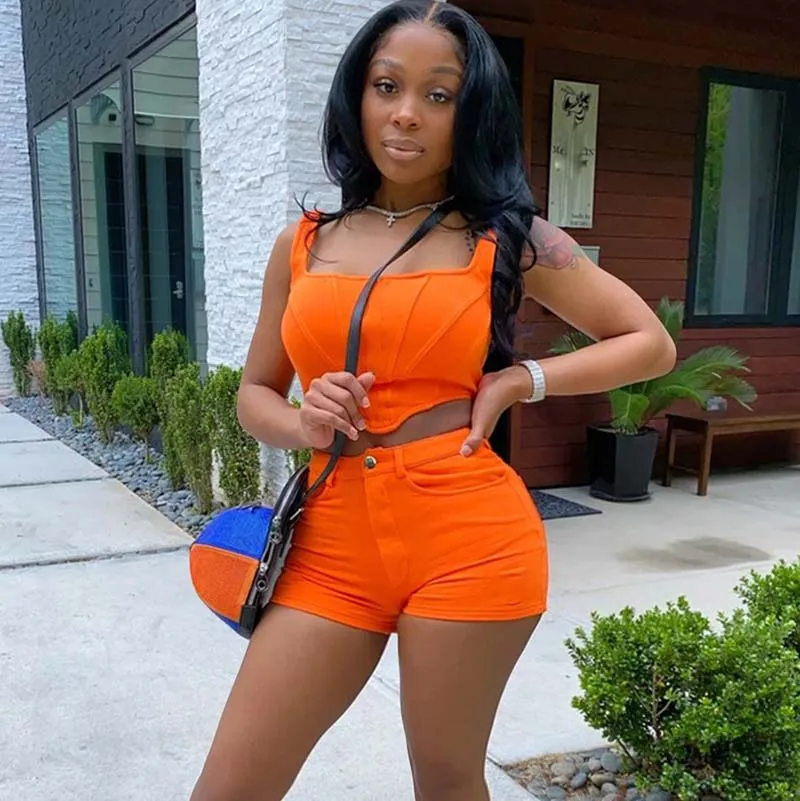Summer Women Trendy Solid Color Sexy Tank Top Tight Shorts Sets