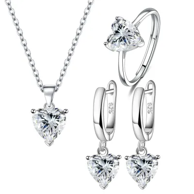 Women Fashion Heart Shaped Zircon Earrings Ring Necklace Jewelry Set