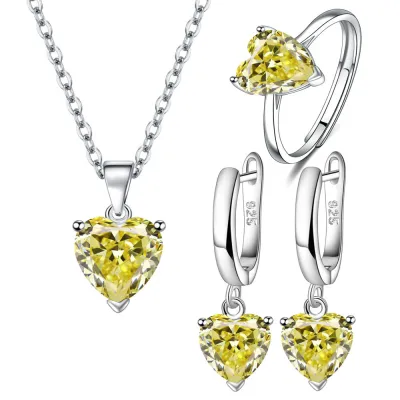 Women Fashion Heart Shaped Zircon Earrings Ring Necklace Jewelry Set