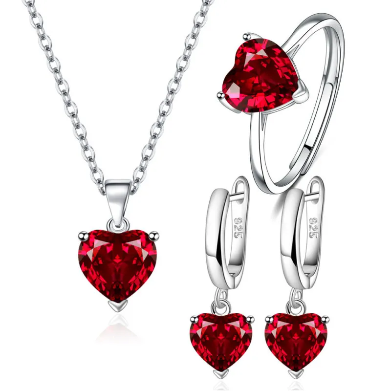 Women Fashion Heart Shaped Zircon Earrings Ring Necklace Jewelry Set