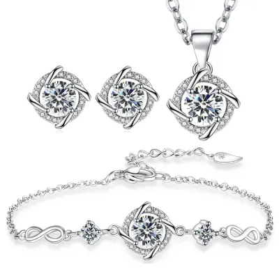 Women Fashion Four-Leaf Clover Crystal Zircon Pendant Necklace Earrings Bracelet Jewelry Set