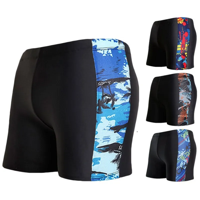 Men's Casual Color Block High Waist Swim Shorts with Printing