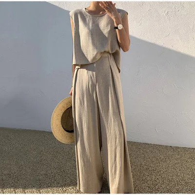Summer Women Fashion Solid Color Sleeveless Elegant Top Loose Two-Piece Pants Sets