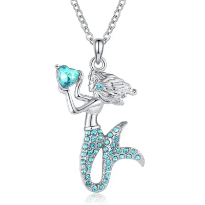 Kids Mermaid Pendant Imitation Diamond Alloy Necklace Cartoon Sweet Animal Style