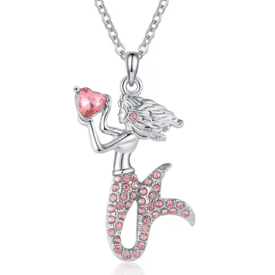 Kids Mermaid Pendant Imitation Diamond Alloy Necklace Cartoon Sweet Animal Style