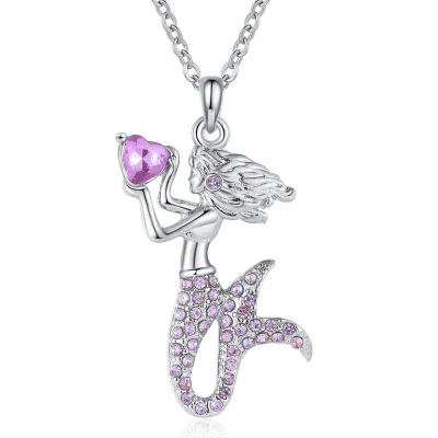 Kids Mermaid Pendant Imitation Diamond Alloy Necklace Cartoon Sweet Animal Style