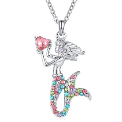 Kids Mermaid Pendant Imitation Diamond Alloy Necklace Cartoon Sweet Animal Style