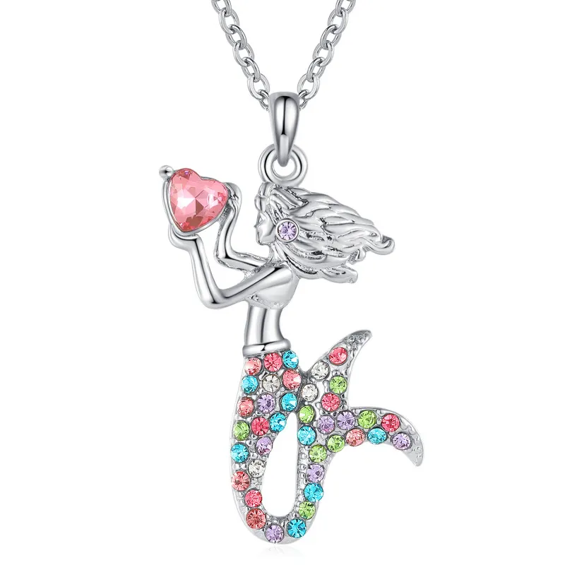 Kids Mermaid Pendant Imitation Diamond Alloy Necklace Cartoon Sweet Animal Style
