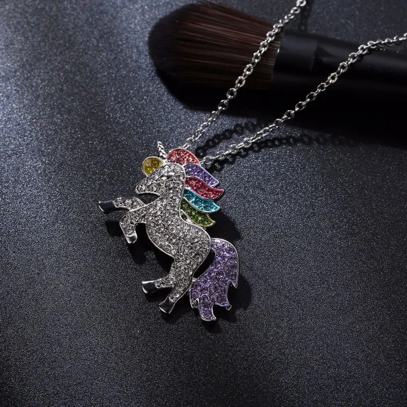 Kids Gift Cute Running Unicorn Pendant Inset Gemstone Necklace